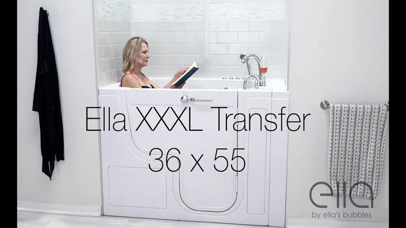 Ella's Bubbles wheelchair transfer walk-in tub, 36 by 55 inches, with a bather seated inside